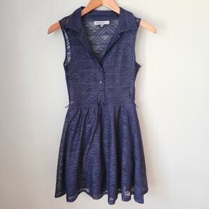 Baily Blue Navy Blue Sleeveless Sheer Collared Top Flounce Dress